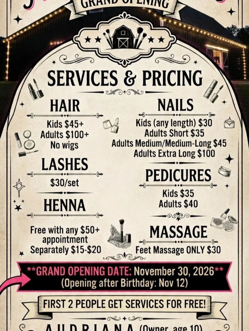 A&A's Cosmetics Hair Services Sign Set — Pink & Cream Labels